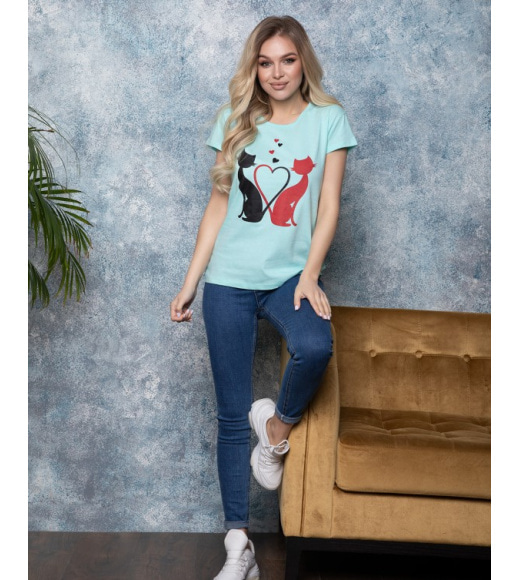 М`ятна трикотажна футболка з котячим принтом