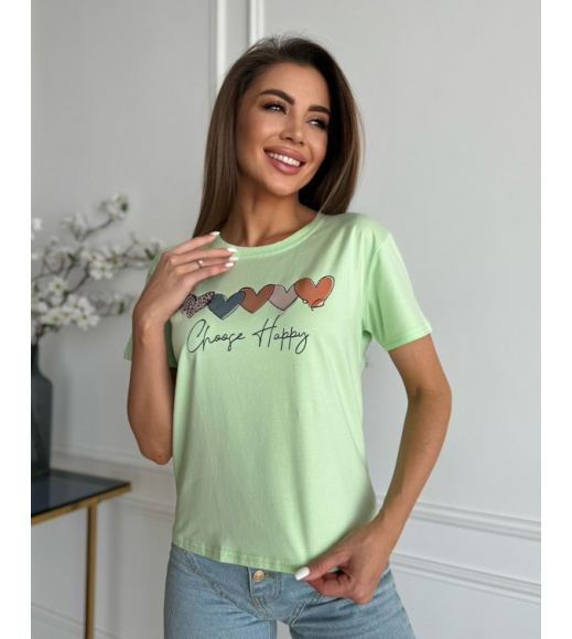 Салатова бавовняна футболка з принтом та написом