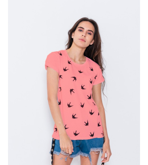 Рожева футболка з трикотажу з пташиним принтом
