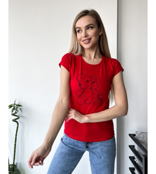 Красная хлопковая футболка с мишкой