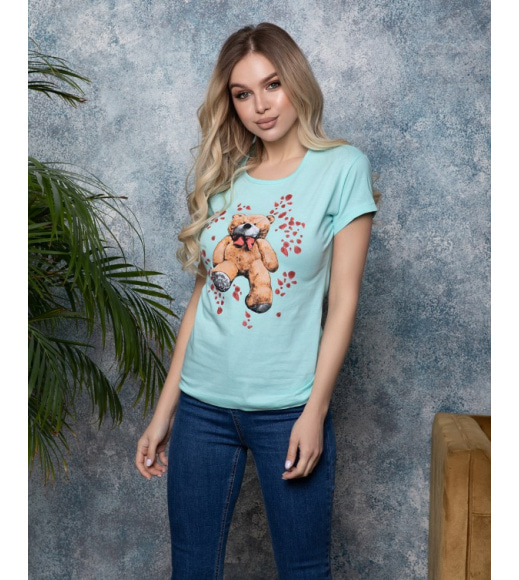 Мятная футболка с цветным медвежонком