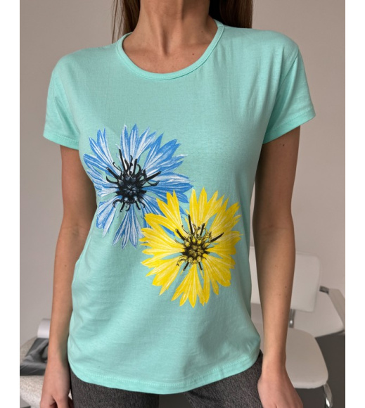 М'ята бавовняна футболка з яскравим квітковим малюнком