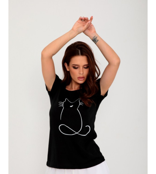 Чорна бавовняна футболка з кошеням