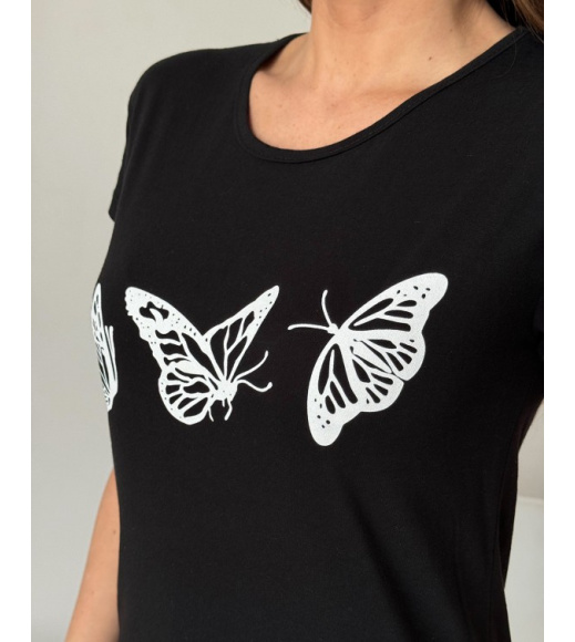 Чорна бавовняна футболка з метеликами