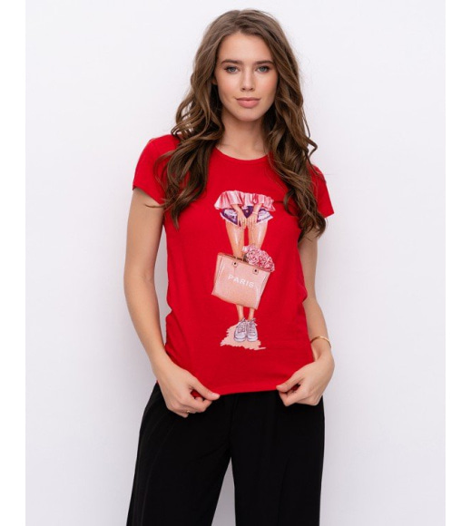 Червона футболка з тонкої бавовни декорована принтом