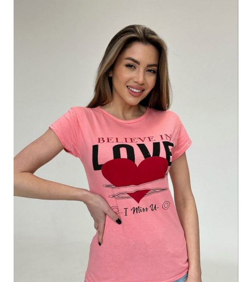 Коралловая хлопковая футболка с сердцем и надписью