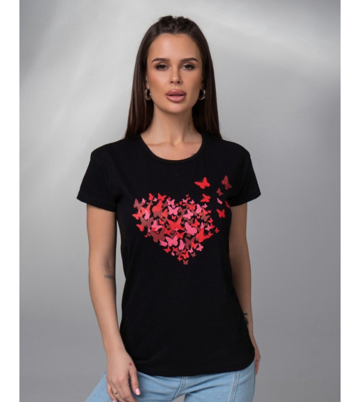 Чорна бавовняна футболка з яскравими метеликами