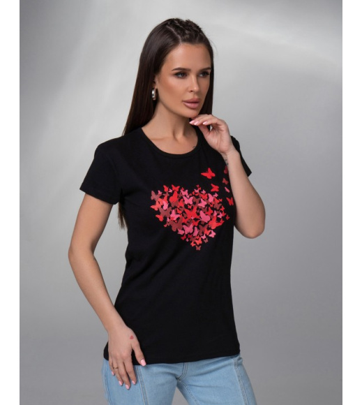 Чорна бавовняна футболка з яскравими метеликами