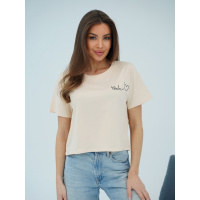 Светло-бежевая укороченная футболка из хлопка с надписью