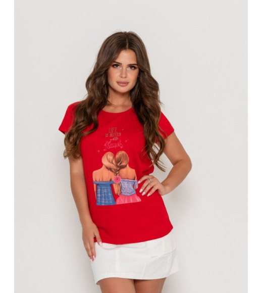 Червона бавовняна футболка з яскравим принтом