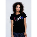 Черная летняя трикотажная футболка с нашивками LOVE в пайетках, бусинах и стразах
