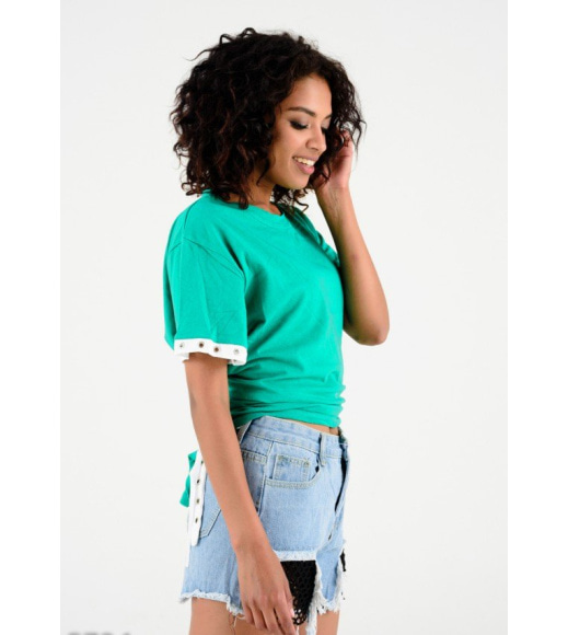 Зелена футболка з корсетною шнурівкою на спині