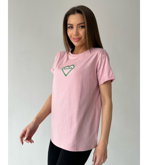 Розовая оверсайз футболка с вышитым сердцем