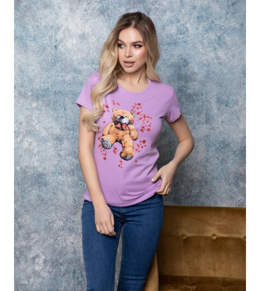 Сиреневая футболка с цветным медвежонком