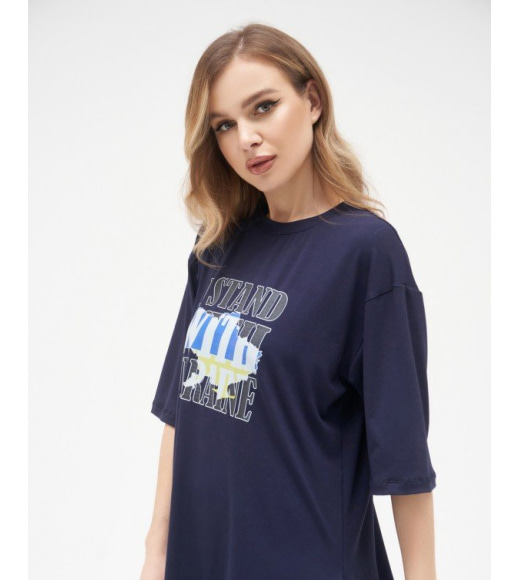 Синяя трикотажная асимметричная футболка с принтом и разрезами