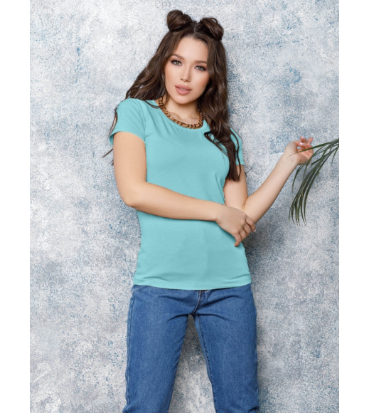 Бирюзовая трикотажная однотонная футболка
