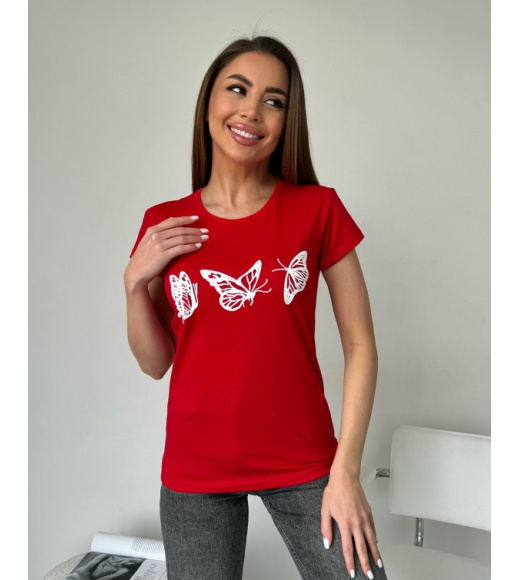 Красная хлопковая футболка с бабочками