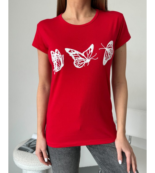 Красная хлопковая футболка с бабочками