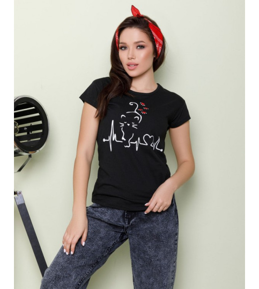 Чорна трикотажна футболка з котячим принтом