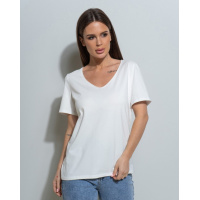 Молочная трикотажная футболка с V-образной горловиной