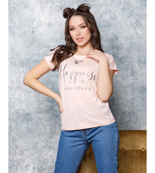 Розовая трикотажная футболка с надписями