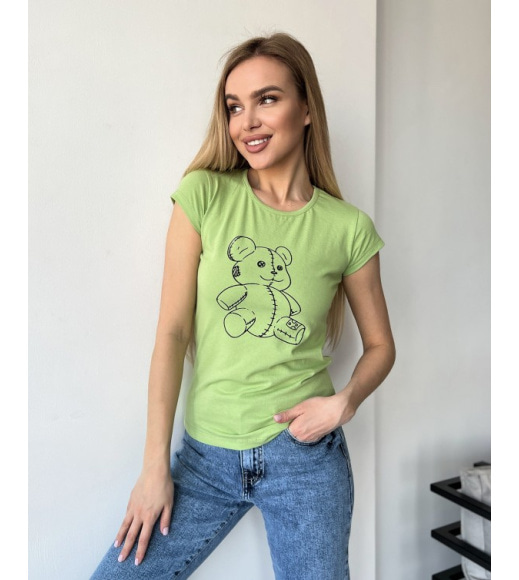 Салатова бавовняна футболка з ведмедиком