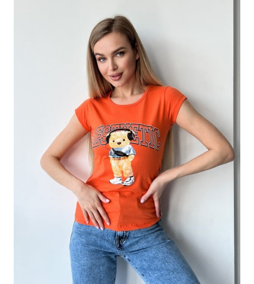 Помаранчева футболка з бавовни з ведмедиком і написом