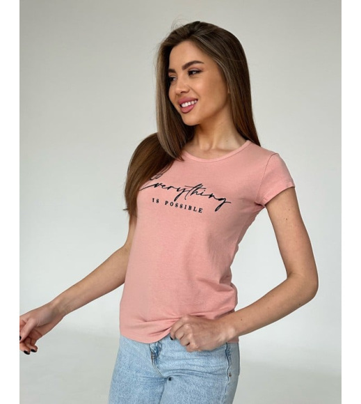 Персиковая хлопковая футболка с надписью