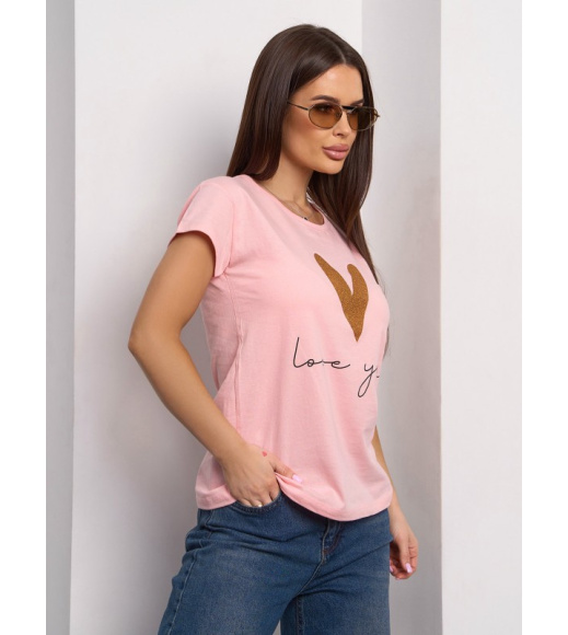 Персиковая трикотажная футболка с блестящим сердцем