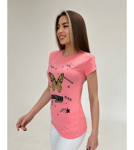 Коралловая хлопковая футболка с бабочкой