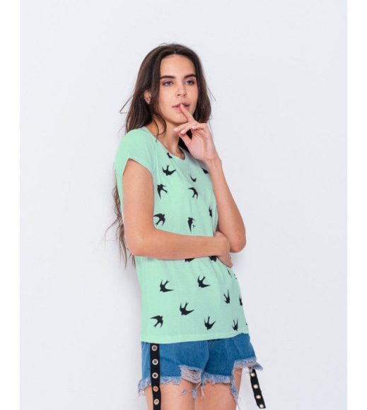 Мятная футболка из трикотажа с птичьим принтом