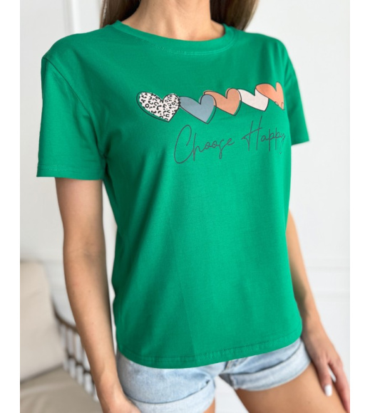 Зелена бавовняна футболка з принтом та написом