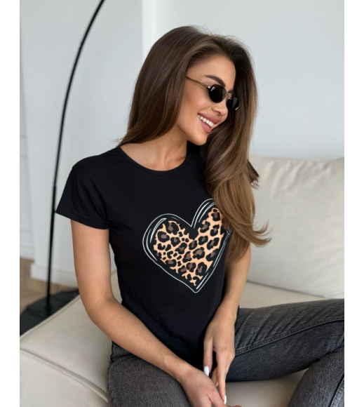 Чорна бавовняна футболка з леопардовим принтом