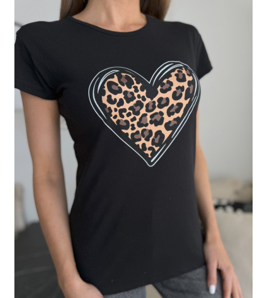 Чорна бавовняна футболка з леопардовим принтом