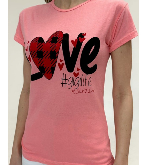 Коралова бавовняна футболка з принтом-сердечками та написами