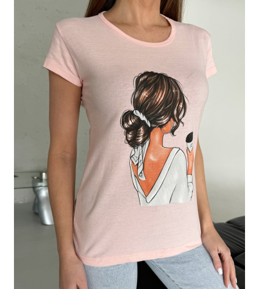Розовая хлопковая футболка с ярким рисунком