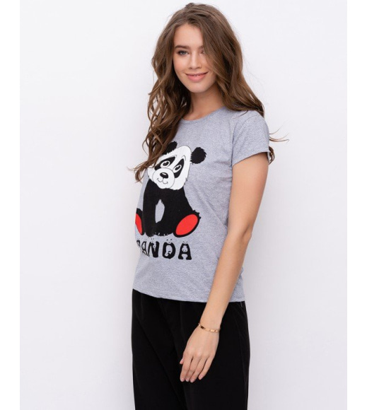 Серая хлопковая футболка с принтом в виде панды