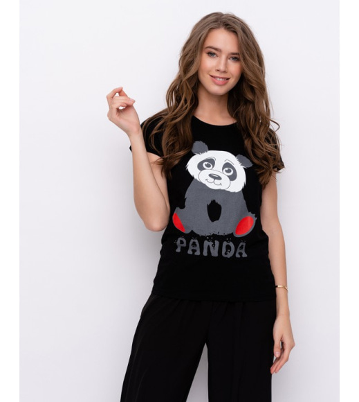 Черная хлопковая футболка с принтом в виде панды