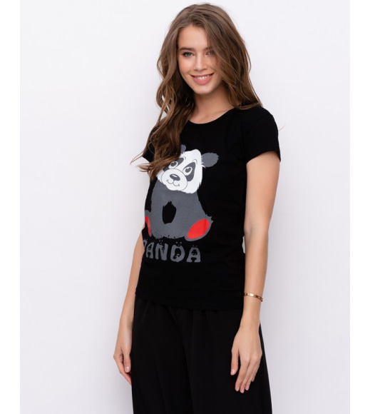 Чорна бавовняна футболка з принтом у вигляді панди