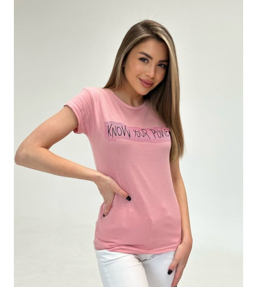 Темно-рожева футболка із трикотажу з написом