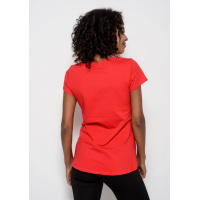 Красная футболка из тонкого трикотажа с удлиненной спинкой и расшитым стеклярусом и пайетками принтом
