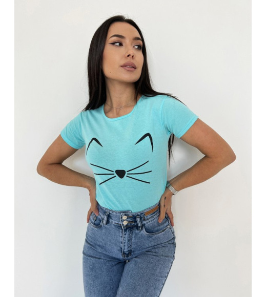 Бирюзовая хлопковая футболка с кошечкой