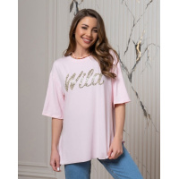 Розовая оверсайз футболка с принтом и разрезами
