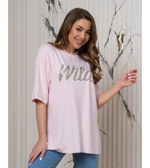 Розовая оверсайз футболка с принтом и разрезами