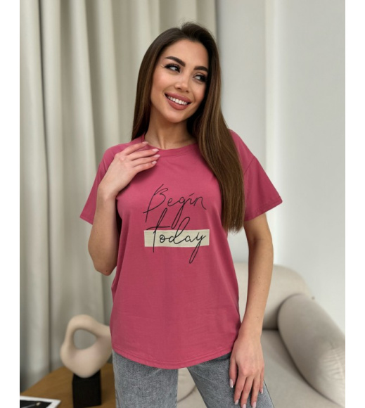 Темно-рожева вільна футболка із трикотажу з написом