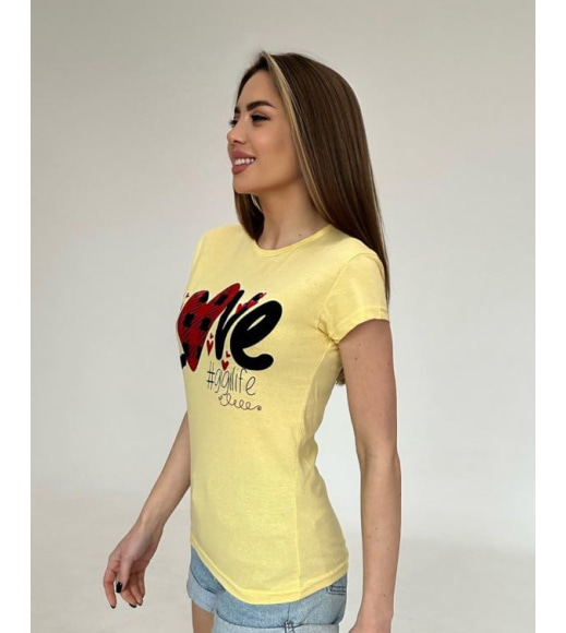 Жовта бавовняна футболка з принтом-сердечками та написами