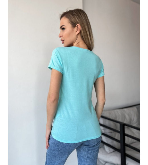 Бірюзова трикотажна футболка з кольоровим принтом