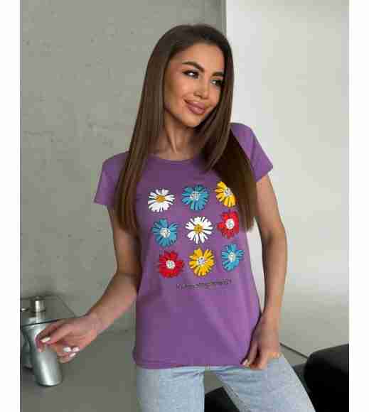 Бузкова бавовняна футболка з кольоровим квітковим малюнком