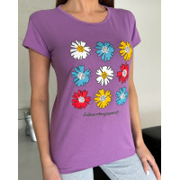 Бузкова бавовняна футболка з кольоровим квітковим малюнком