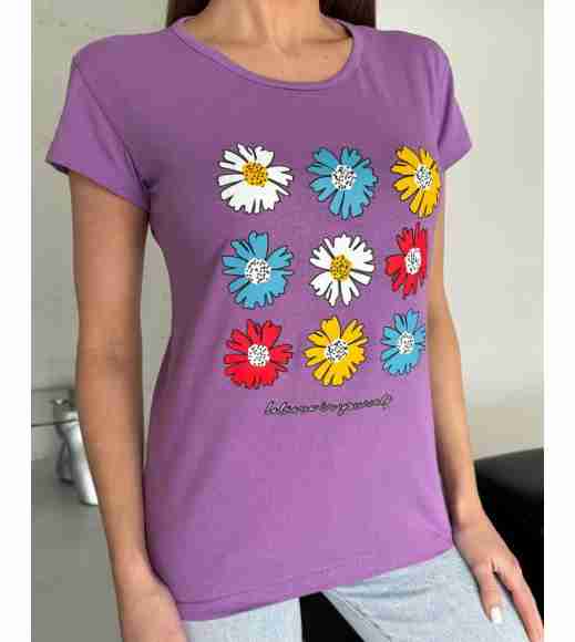 Сиреневая хлопковая футболка с цветным цветочным рисунком